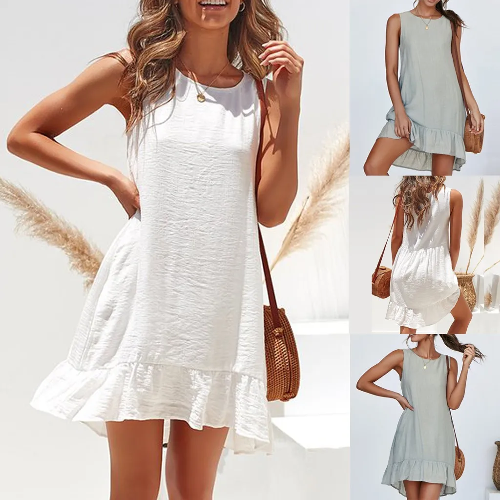 

Summer Sexy Womens Fashion O-Neck Solid Dress Ladies Solid Spaghetti Strap Color Buttons Casual Mini Solid Dress