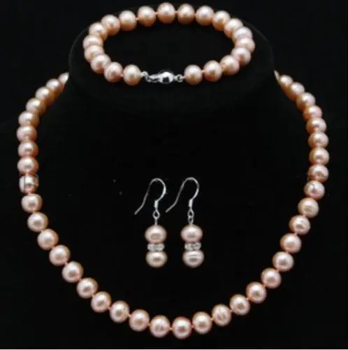 

FREE SHIPPING HOT sell new Style >>>>Genuine A++ Cultured Freshwater 7-8mm ROUND pink Pearl Necklace set 18