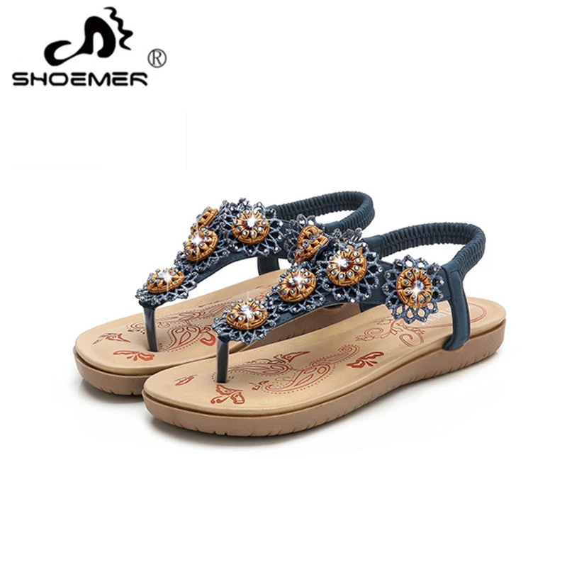 

SHOEMER Bohemia Summer Shoes Sweet Womens Flowers Flat Sandals High Quality Rhinestones Casual Flats Plus Size 35-41 Sandalias