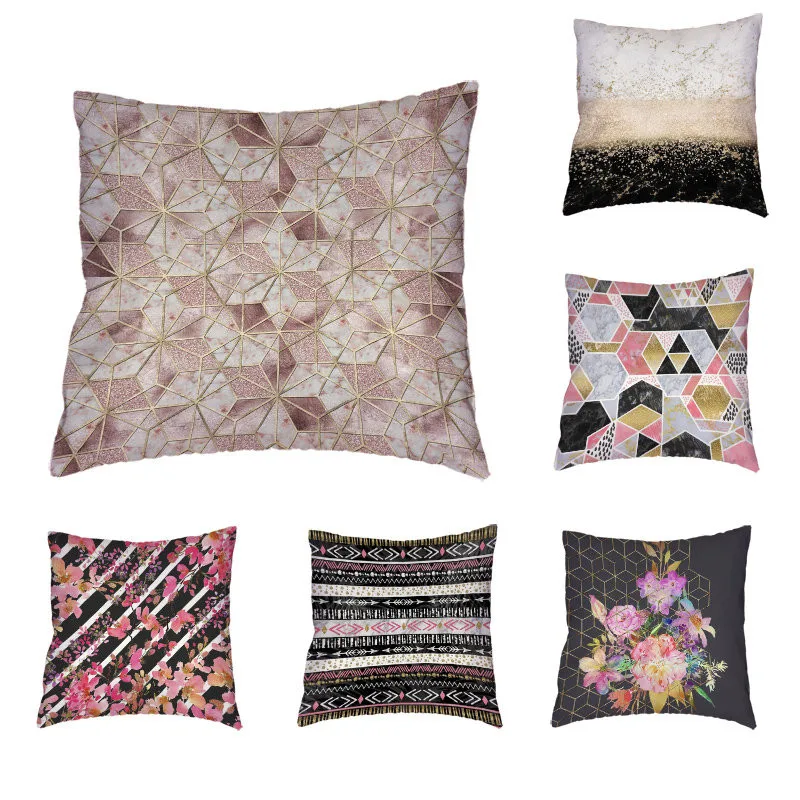 

Colorful Geometric Pattern Cushion Cover Polyester Peach Skin Personality Flowers Lines Graphic Style Pillow Home Decoration