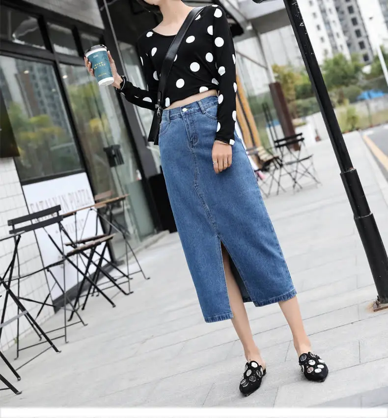 Women Plus Size Front Split Office Lady Straight Denim Skirts 7Xl 8Xl Spring Summer Mid Long Jeans Skirts Mid-Calf Mom Jeans