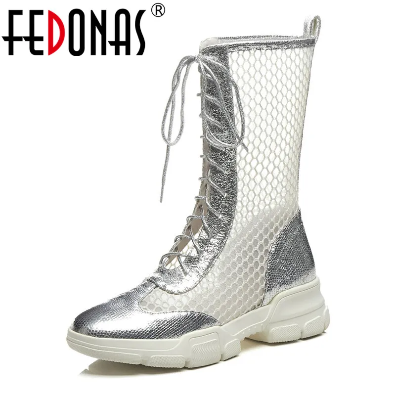

FEDONAS Fashion Women Genuine Leather Mesh Breathable Middle Heels Pumps Spring Summer Party Night Working Shoes Lace-Up Boots