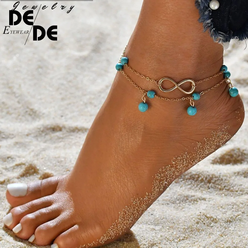

New Double Infinite Beads Pendant Anklet Foot Chain For Woman Summer Bracelet Charm 2 Color Anklets Foot Jewelry Gift