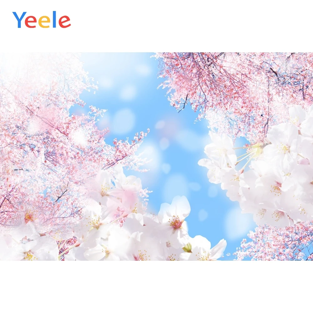 

Yeele Blue Sky Light Bokeh Blooming Trees Spring Baby Photography Backgrounds Customized Photographic Backdrops for Photo Studio