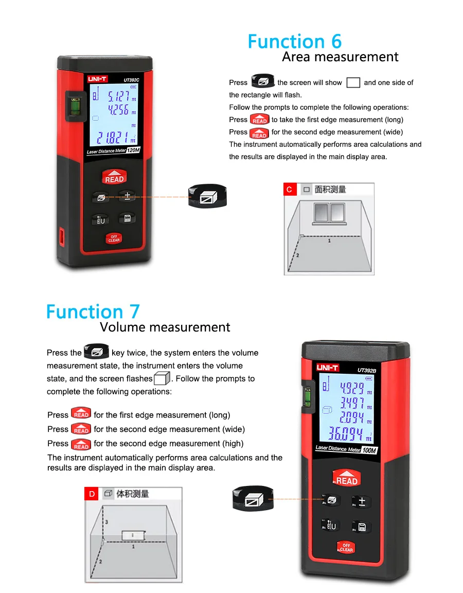 UNI-T 80 м/100 м/120 м Ручной цифровой лазерный дальномер UT392A/UT392B/UT392C Дальномер Измерения площади/объема инструмент