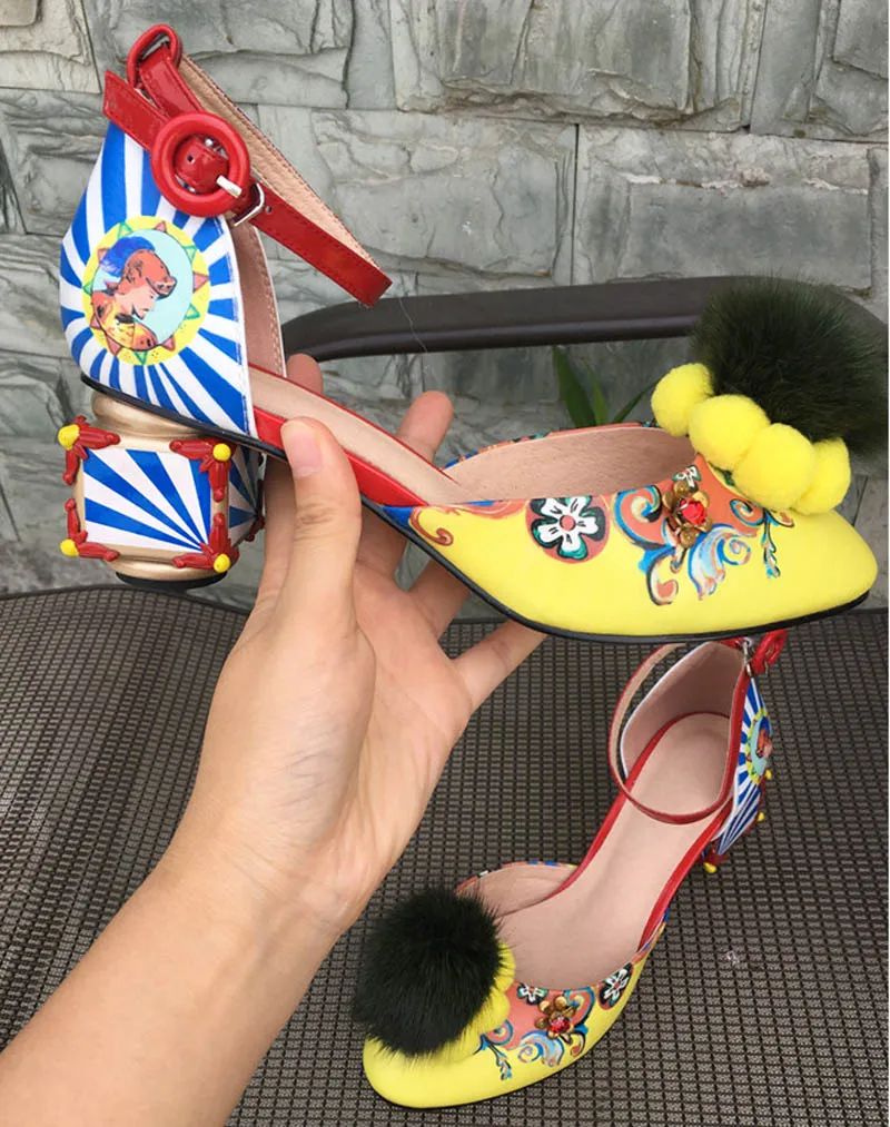 Women Sandals Fashion Print Strange Heel Pumps Fur Ball Metal Decoration 2018 Summer Ladies Dress Party High Heels Shoes Woman (4)