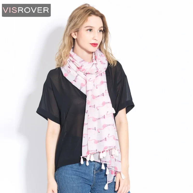

VISROVER women hijab scarf fashion long summer flamingo scarf silk scarves shawl poncho tropical print with tassel beach cape