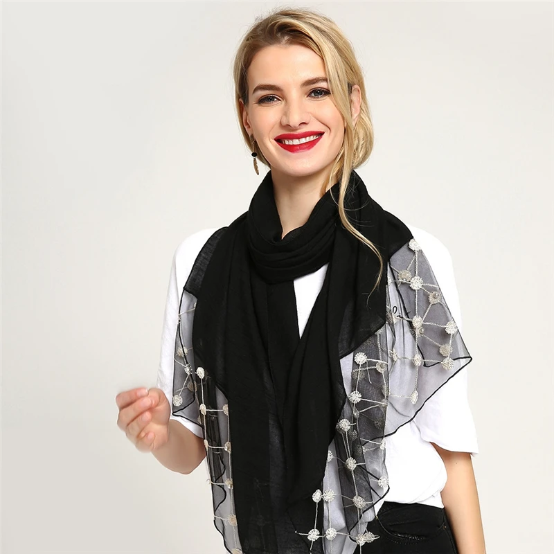 Модный и популярный сетчатый жемчужный шарф для ногтей женский простой хлопковый и кружевной лоскутный с вышивкой шаль быстрая в