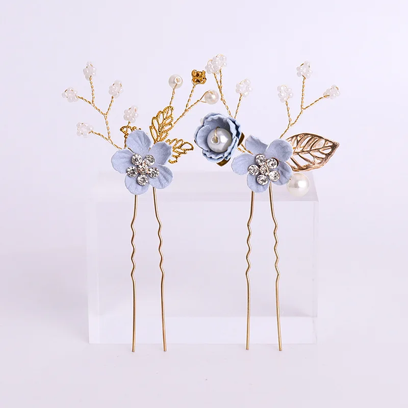 Luxury Bridal Tiara Big Pearl Flower Crystal Leaf Gold Hair Comb Elegant Temperament Blue Flower Hair Comb Wedding Accessories