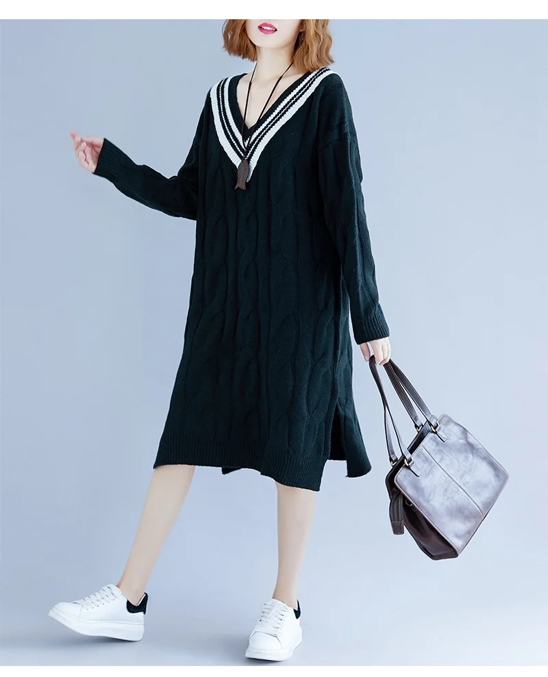 2018 New Autumn Knitted Sweater for Woman Plus Size Loose Striped V-neck Long Sweater Black Pink MMHH722 2018 New Autumn Knitted Sweater for Woman Plus Size Loose Striped V-neck Long Sweater Black Pink MMHH722