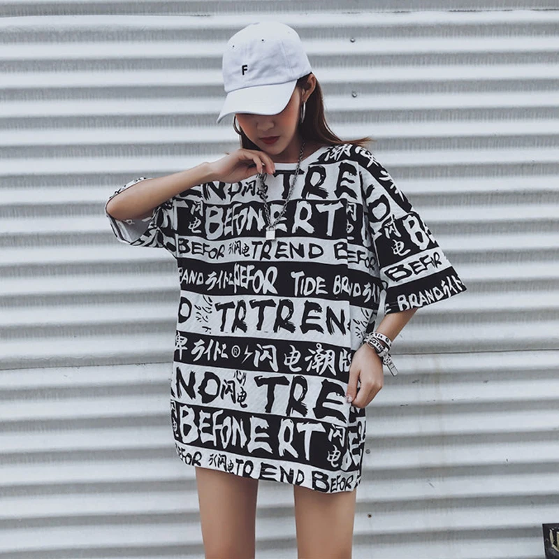 

2018 Summer women fashion design letter Printed T Shirt ulzzang Harajuku long T-shirts casual loose Large size Tee tops Female