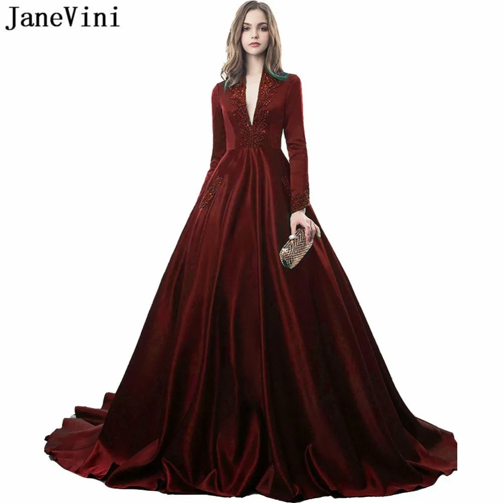 JaneVini A Line Burgundy Evening Dress Long Sleeves V Neck Heavy Beading Plus Size Gown Satin Dubai Formal Dresses Gala Jurken