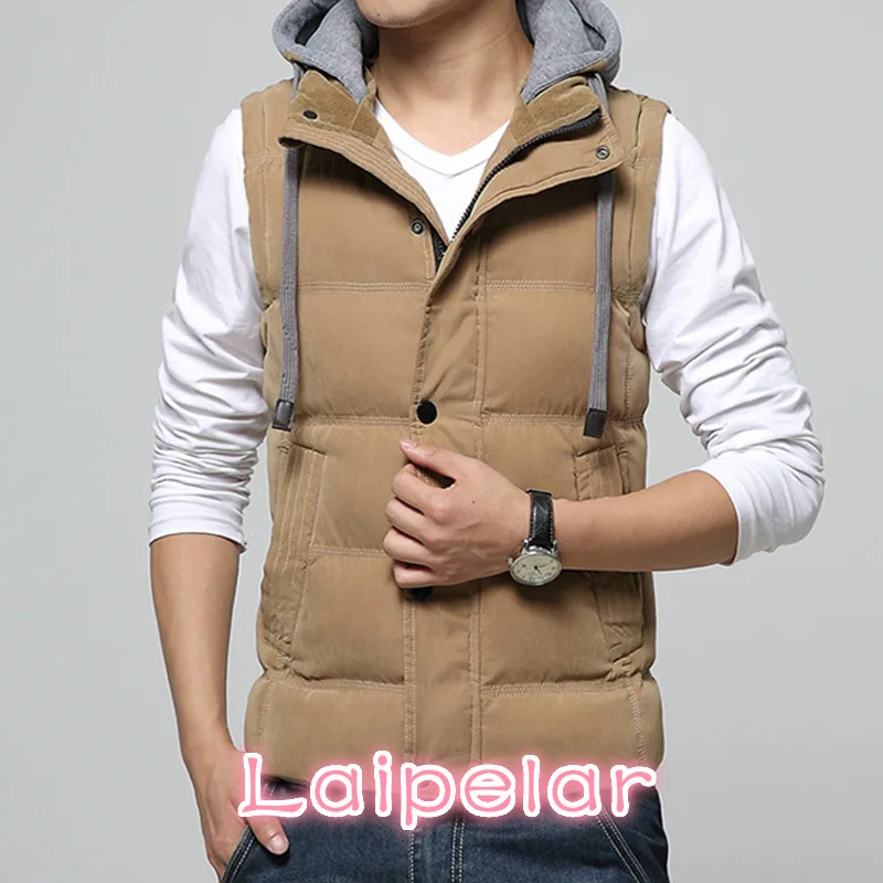Cheap High Quality Men Casual Vest Winter Coat Hat Detachable Men Waistcoat Sleeveless Jacket Solid Outwear Vest Men 4 Colors Laipelar