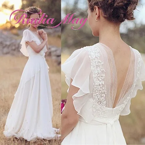 

Vintage Ivory Lace Chiffon Boho Wedding Dresses 2019 Cap Sleeves V-Neck Backless A-line Simple Country Bohemian Wedding Gowns