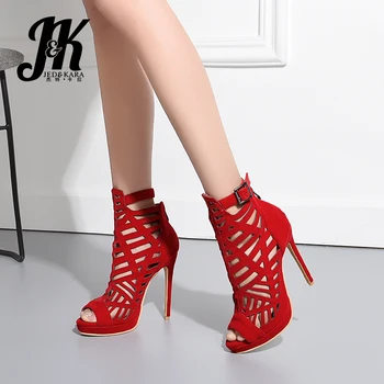 

JK Summer High Heels Ankle Boots Women Flock Hollow Out Peep Toe Thin Heels Platform Footwear Fashion Ladies Shoes Big Size 50