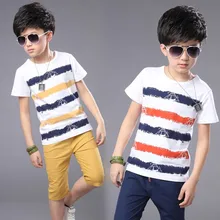 Модные Детская Одежда для мальчиков летняя хлопковая футболка в полоску+ льняные шорты детские спортивные костюмы 4-14years