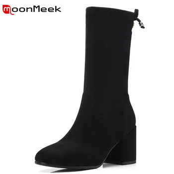 

MoonMeek 2020 fashion round toe mid calf boots classic suede leather ladies boots hot sale autumn winter woman high heels boots