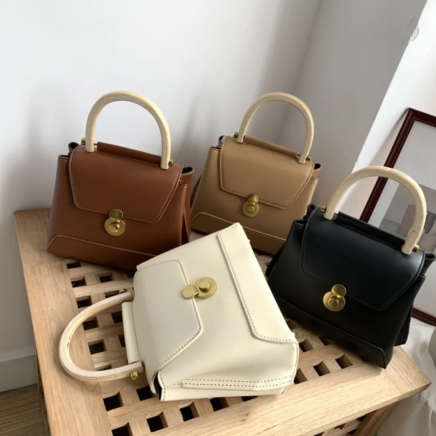 

Vintage Wooden Handle Women's Handbags Luxury Pu Leather Shoulder Bags Designer Brand Lady Crossbody Messenger Bag Female Purse