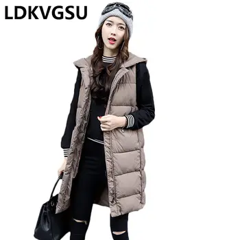 

2018 Autumn Winter New Down Cotton Vest Women Slim Large Size Solid Color Hooded Thicken Warm Long Parkas Vest Female Is829