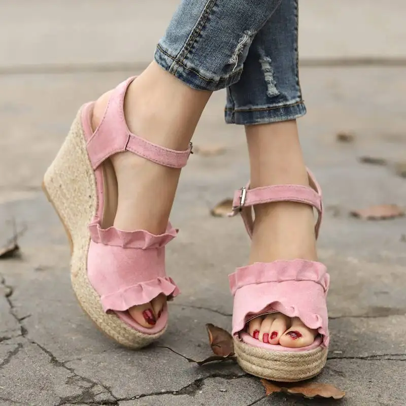 

HEFLASHOR 2019 New Wedge Sandals Flock Ruffles Design Platform Gladiator Heels Buckle Strap High Heels Sandals Sandalia Feminina