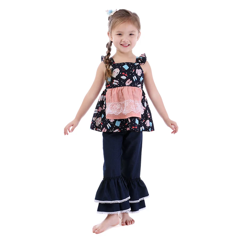US $78.18 Kaiya Angel Hot Cute Baby Spring Summer Autumn Lace Black Lipstick Top Denim Trousers Boutique Toddler Girls Clothing Set