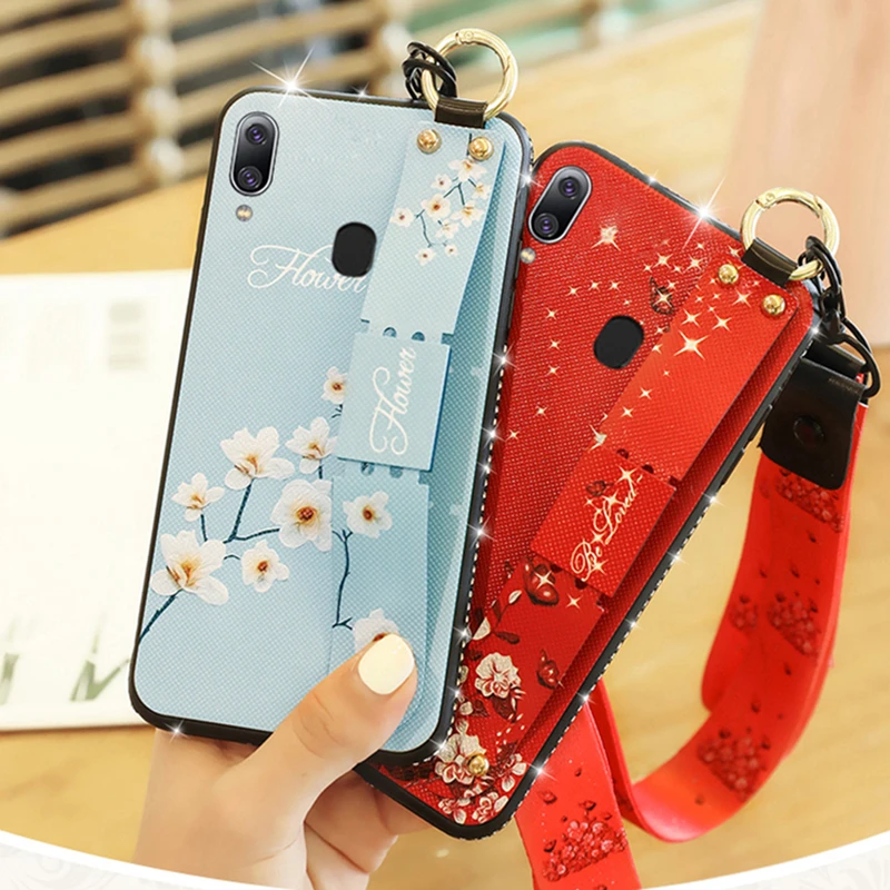 

For Samsung Galaxy A10 A20 A30 A50 A70 soft silicone Case Floral Strap stand Funda For Samsung M10 M20 M30 Jewelled Phone Cover