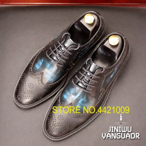 

High quality handmade cowhide leather carved bullock shoes men's formal luxury party dress brogue shoes black mixed color shoes