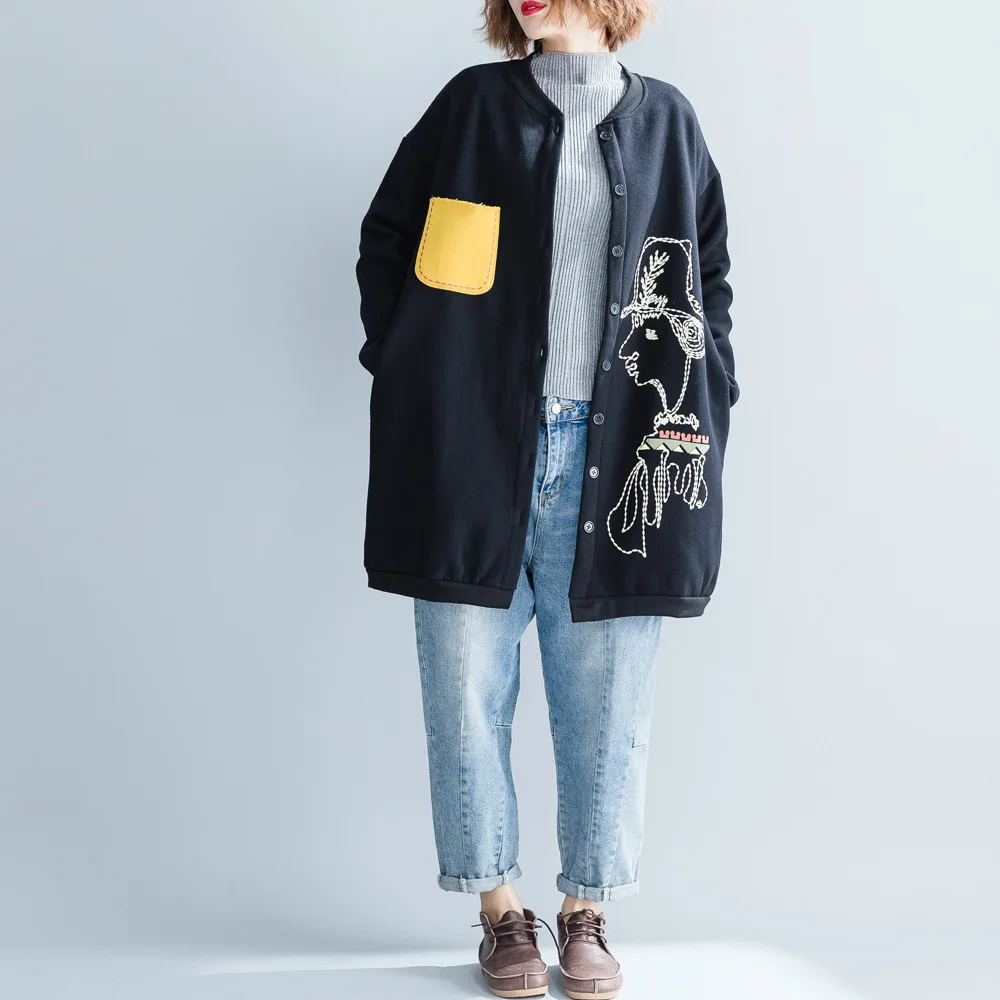 Размера плюс Женская флисовая куртка, пальто с мультяшным принтом, с карманами, пэчворк, v-образный вырез, женское повседневное длинное пальто желтого/черного цвета