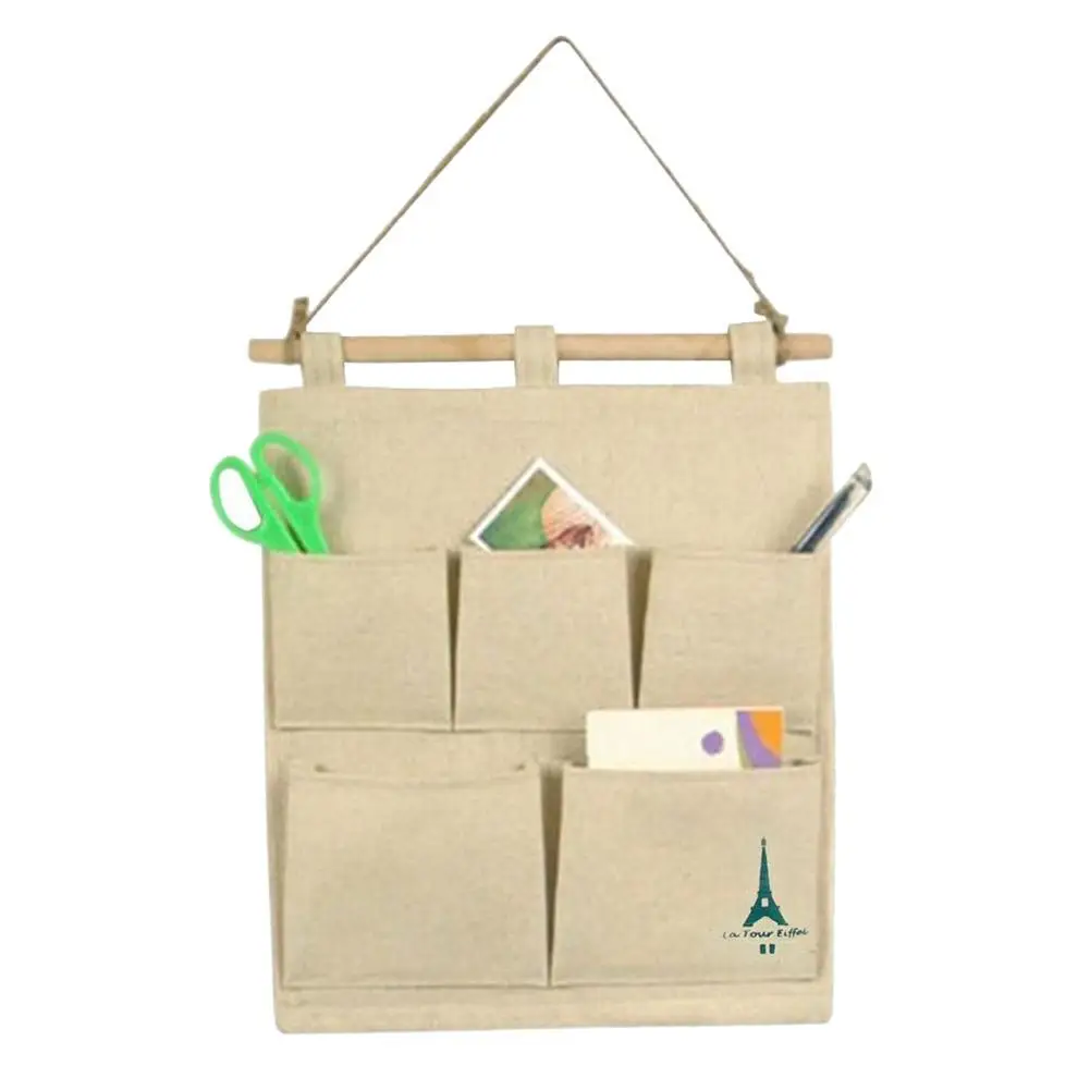 

Portable Multi-layer Cotton Jute Tower Storage Bag 5 Pocket Wall Hanging Bags Storage Organizer Pastoral Hot Sale
