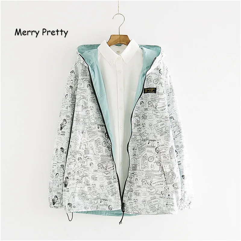 MERRY PRETTY 2018 Autumn Women Bomber Basic Jacket Pocket Zipper Hooded Two Side Wear Cartoon Print Outwear Loose Coat