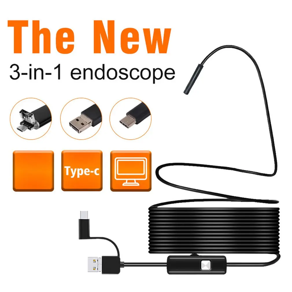 3 в 1 Полужесткий usb type-c инспекционный эндоскоп водонепроницаемый 8,0 мм мини-камера мягкий кабель с светодиодный подсветкой для Android ПК ноутбука