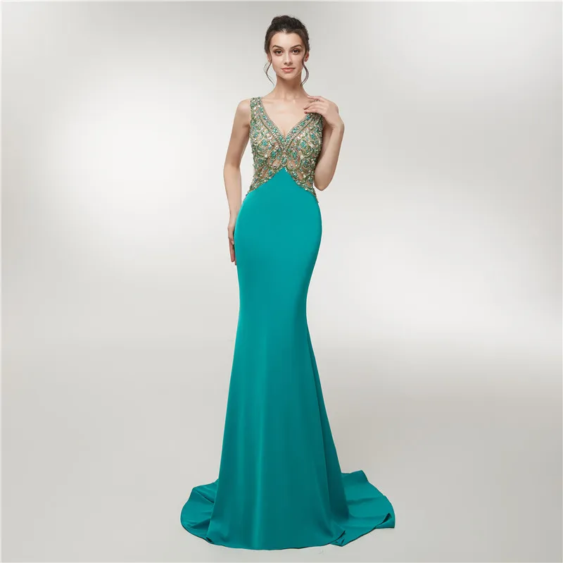 Роскошное длинное вечернее платье Русалка новые Кристальные бисерные сексуальные открытые сзади арабские Дубай зеленые вечерние платья для выпускного вечера Robe De Soiree
