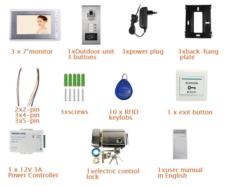 " экран видео телефон двери квартира домофон система+ RFID доступ Открытый камера для 3 семьи+ Электрический замок