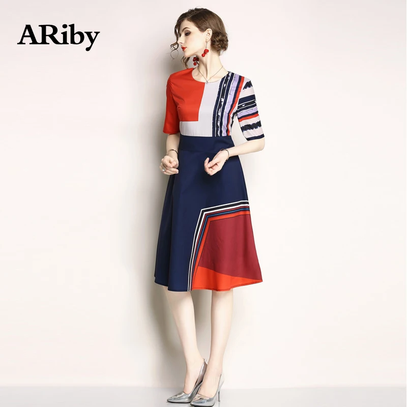 Women Party Dress 2019 New Fashion Office Lady Slim Temperament Elegant Dress Printed Patchwork A-Line O-Collar Dress Plus Size