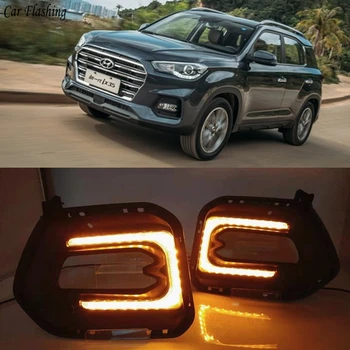 

Car Flashing 2PCS For Hyundai IX35 2018 2019 Flowing Turn Yellow Signal Function 12V Car DRL LED Daytime Running Light Fog Lamp
