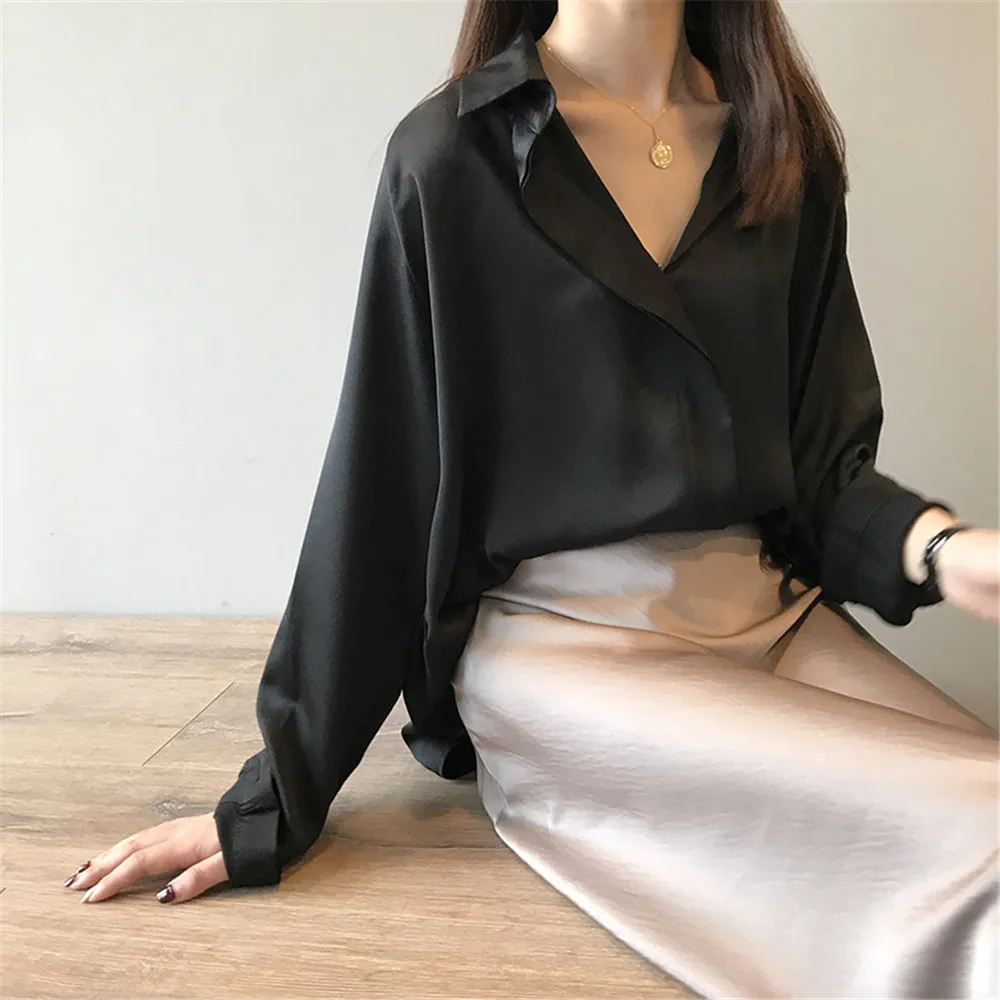 High quality Imitation Silk Blouse 2019 All Match Women Satin Blouses Office Long Sleeves Femme V Neck Loose Street Shirts 0322 (27)