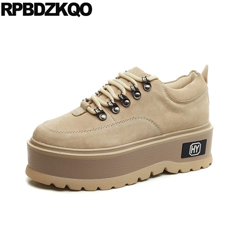 

Harajuku Muffin Plain Women Casual Creepers Platform Shoes Suede Spring Autumn Flats Thick Sole Genuine Leather Lace Up Elevator