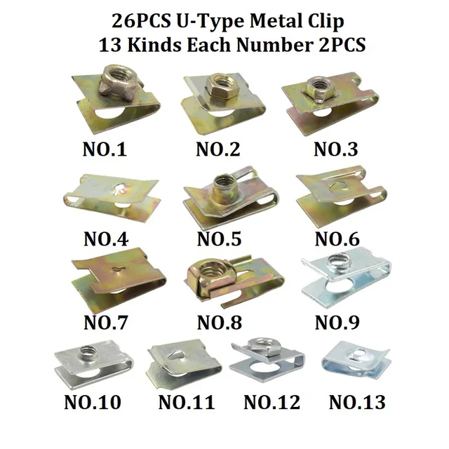 Universal Mixed Auto Car Self-tapping Screw Metal U-Type Base Iron Fender Bumper Leaf board Fastener Grommet Clip A2-26Pcs Metal Clip
