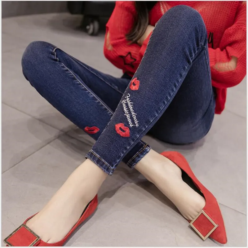 

9 Color Fashion Jeans For Women Lips Flowers Embroidery Holes Styles Trousers Elasticity Jeans Slim Was Thin Cuffs Pencil Pants