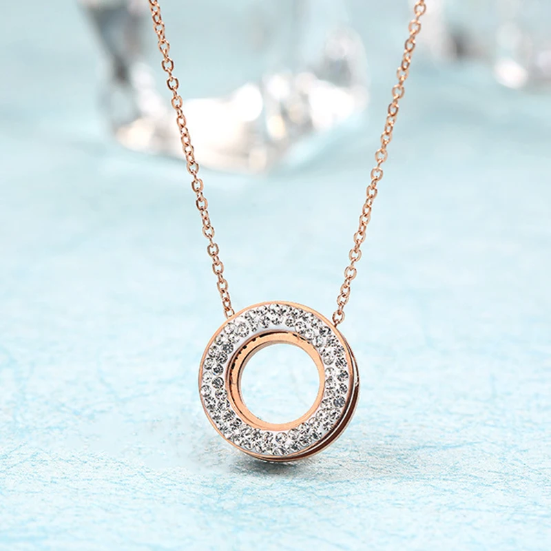 

Stainless Steel Women's Choker Necklace Rose Gold Double Circle Charm Necklace with Cubic Zircon Collier Femme Jewelry