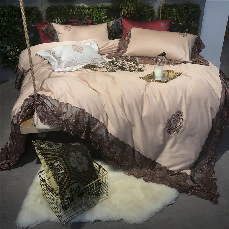 

Luxury Royal Bedding Set 600TC Egyptian Cotton Lace Duvet Cover Bed Set Queen king size Bed sheet Fitted sheet set parure de lit