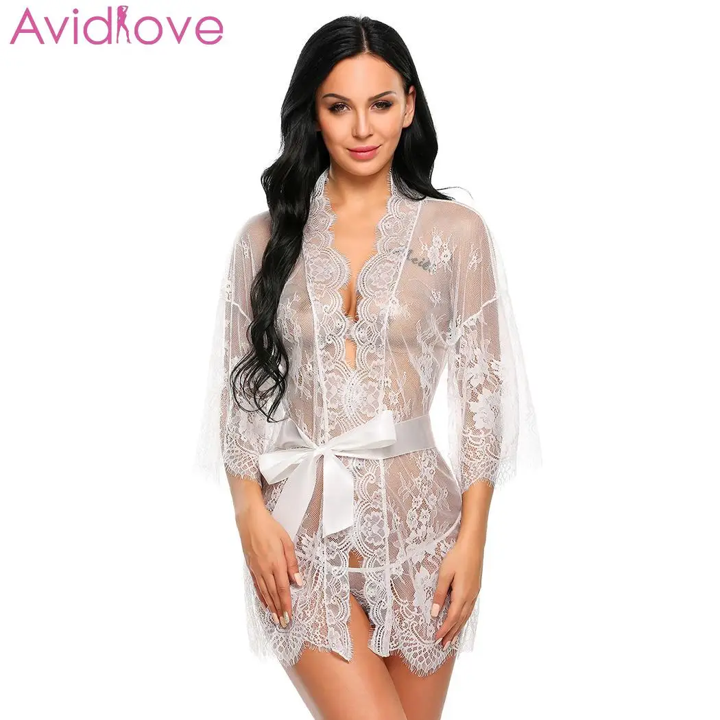 Avidlove, женские костюмы, сексуальное белье, кружевное эротическое сексуальное белье в стиле babydoll, пояс, халат, прозрачная повязка с стринги, Кружевная Сетка - Цвет: White