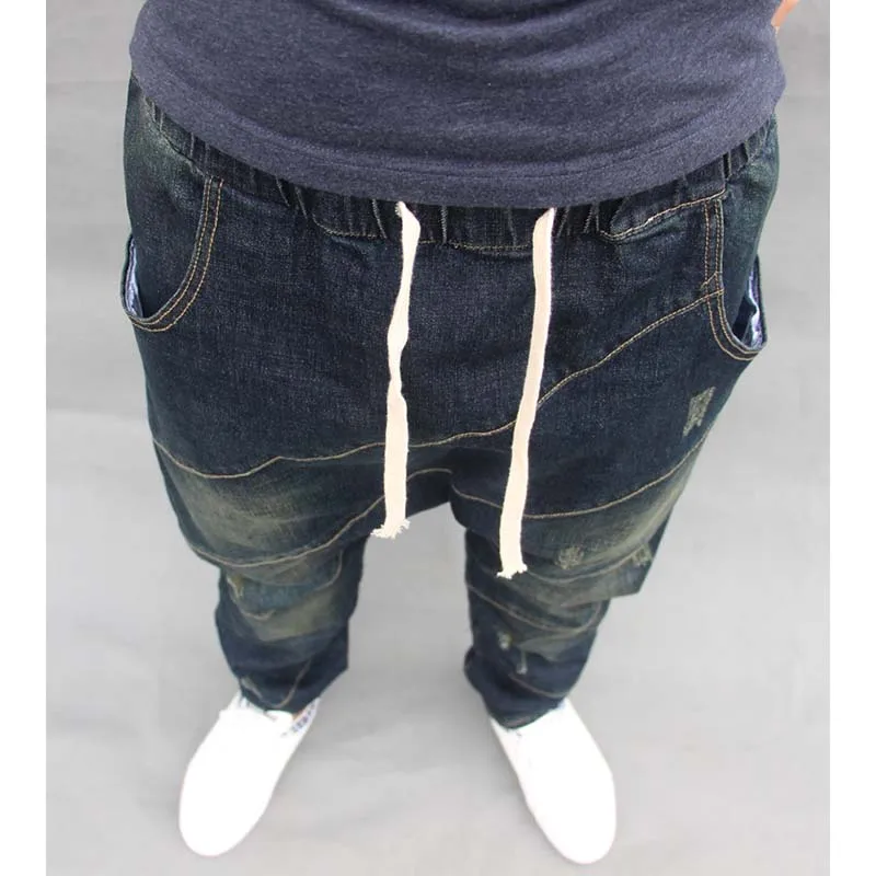 Trendy Loose Baggy Jeans Men's Casual Denim Pants Hip Hop Harem Jeans Elastic Waist With Drawstring Male Trousers Blue Plus Size