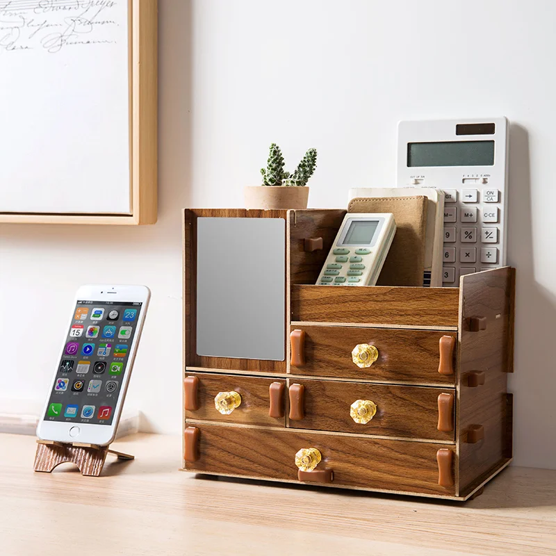 

Wooden Cosmetic Storage Box Drawers Type With Mirror Dressing Table Make Up Storage Rack Multi Layers Makeup Organizer Shelves