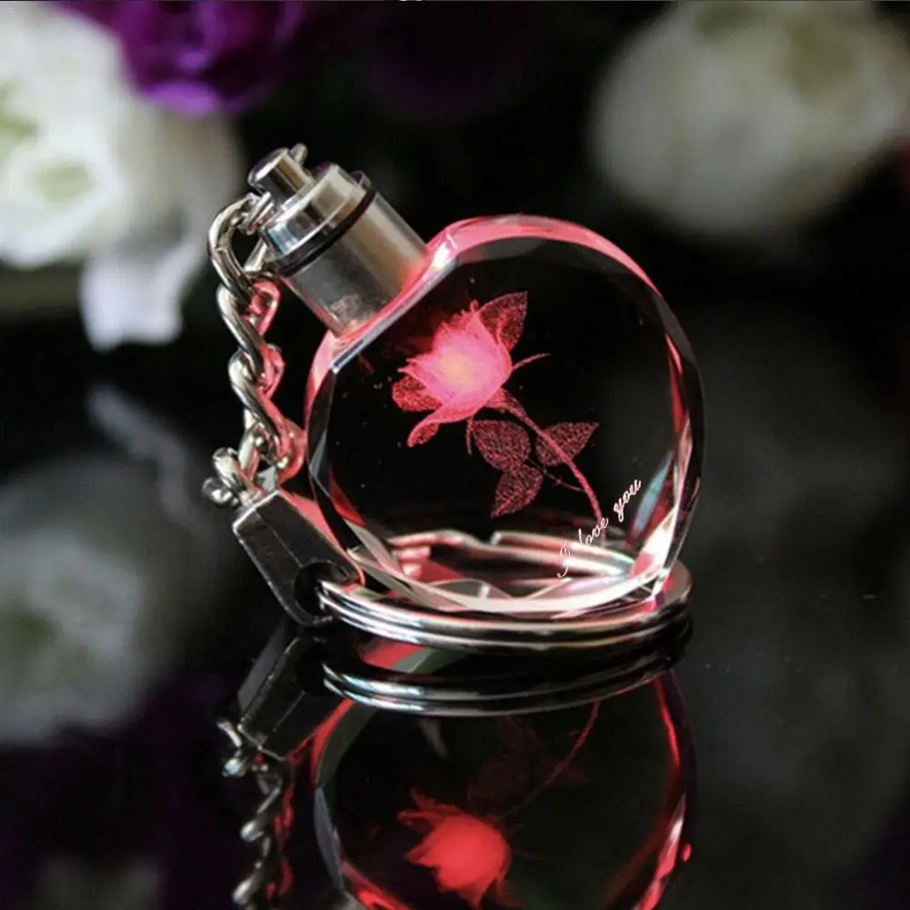 Цветок розы светодиодный светильник брелок светящиеся Кристальные брелоки Светящиеся хрустальные розы сердце брелок брелки красочные брелоки