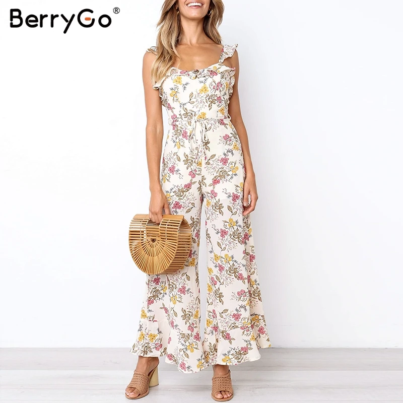 BerryGo винтажный цветочный принт boho комбинезон плюс размер Ruffle tie up backless Длинный летний комбинезон праздник Пляж Широкие брюки комбинезоны