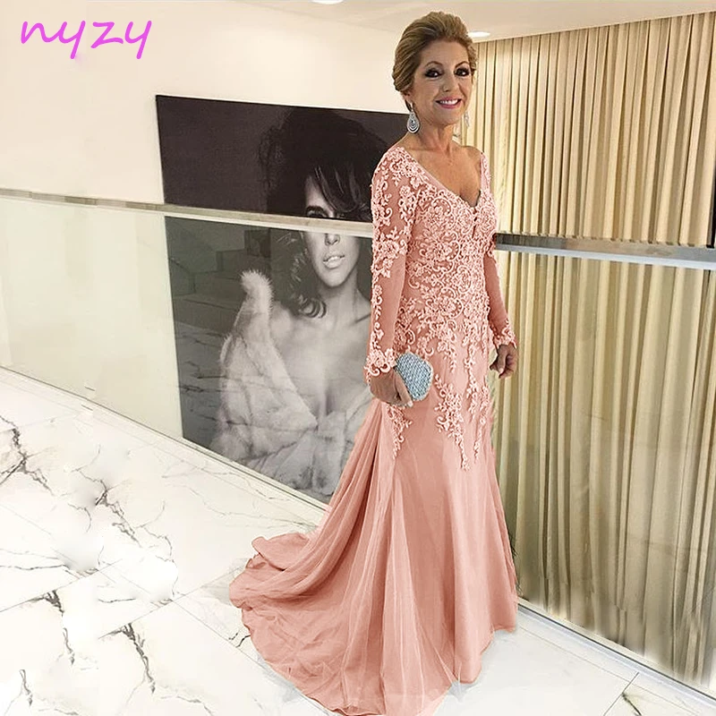 NYZY largo de boda M55J para madre, Vestido noche Formal encaje con manga larga y cuello de pico, tul rosa perla, 2019|Vestidos para la madre de la novia| -