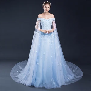 Luxury Ball Gown Long Evening Dress with Cape Off-Shoulder 3D Flower Beading Women Arabic Formal Prom Evening Gowns