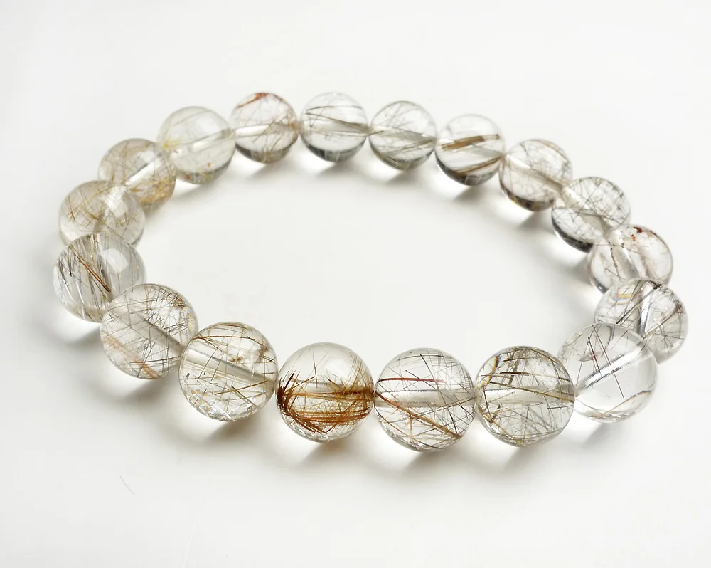 

Genuine Natural Silver Hair Rutilated Quartz 12mm Bracelet Round Beads Women Man Stone Crsytal Wealthy Bracelet AAAAA