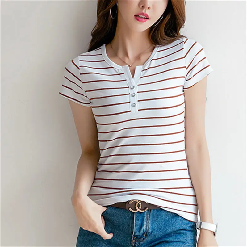 Женские рубашки размера плюс, топы с коротким рукавом из хлопка, летняя блузка, простые женские топы в полоску, женская рубашка, blusas femininas 5XL - Цвет: Coffee Striped